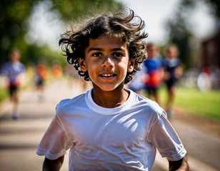 Zelfklevend Fotobehang photo of boy kids running race sport at school, generative AI © Pathompong