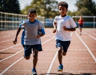 Keuken spatwand met foto photo of boy kids running race sport at school, generative AI © Pathompong