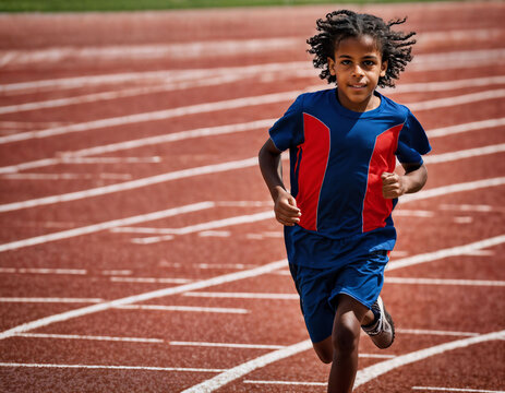 photo of boy kids running race sport at school, generative AI
