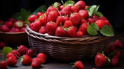 Harvested Red Strawberries in a Juicy Berry Basket. Container of fresh, ripe strawberries - a healthy and vibrant choice for wellbeing.