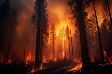 Close-up of a burning forest. Wildfire, global warming and climate change concept.