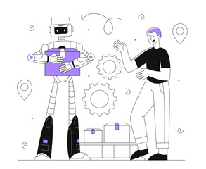 Robot courier vector line concept