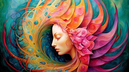 Femininity growing and expanding. Consciousness of the  feminine power, empowering of the self. Soul connected to the center and the universe. Beautiful mandala of a flower muting into a woman face.