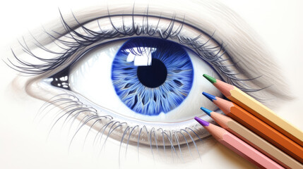 Realistic drawing of human blue eye with colorful pencils.