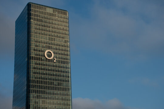 Munich, Germany &ndash; November 24, 2020: The Hochhaus Uptown M&uuml;nchen skyscraper, also called O2 Tower, which houses offices of the telecommunications company Telef&oacute;nica, the owner of the O2 brand.