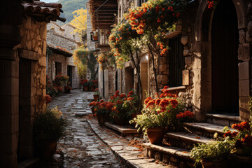 Historic stone buildings lining narrow streets, evoking a sense of old-world charm and cultural heritage.  Generative AI.