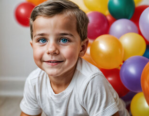 photo photoshoot of kid with balloons on white background, generative AI