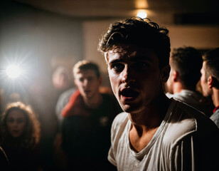 photo group of rage angry teenage college boy fighting the other with wound on face, generative AI