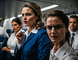 Obraz premium photo of rage angry air hostess crew woman arguing the other with wound on face, generative AI