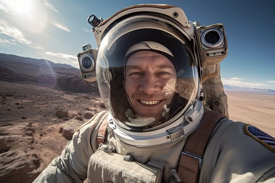 Happy astronaut taking a selfie on a foreign planet.