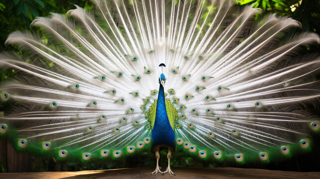 Close-up of white male peacock with spread tail