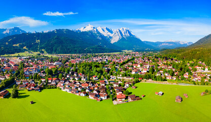 Garmisch-partenkirchen town aerial panoramic view, Germany - obrazy, fototapety, plakaty