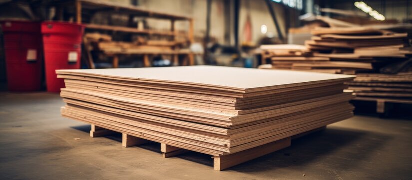 Messy MDF boards piled in the warehouse