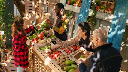 Small business owner selling natural organic produce box to woman, fresh bio products. Farmers helping consumers with homegrown healthy fruits and veggies at farmers market stand.