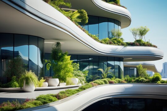 Modern building with a vertical garden. Environmental awareness and protection concept. 