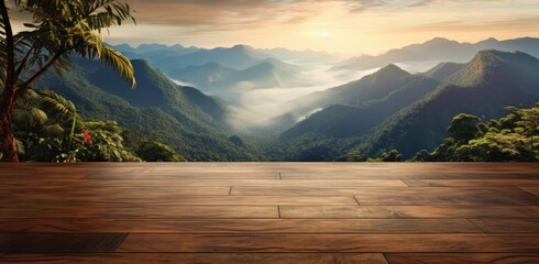 Wooden platform in front of beautiful island and jungle landscape.