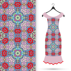 Vector fashion illustration. Women's dress model on a hanger and colorful seamless pattern for textile fabric or paper print. Party dress design, Summer cloth collection, isolated elements