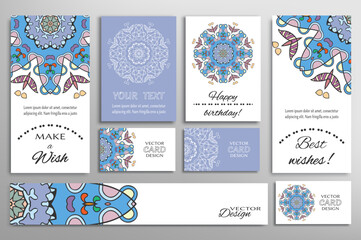Big set of greeting Cards or wedding Invitations. Postcards template with inscription Make a Wish, Best Wishes, Happy Birthday. Banner, business cards with mandala ornament. Isolated design elements