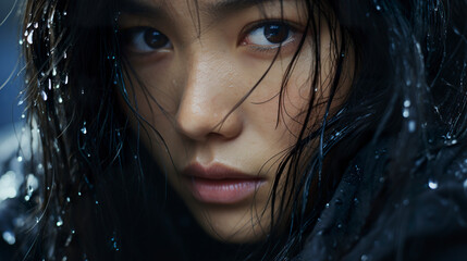 Closeup of a Japanese woman's face looking soft and serene. Woman with delicate features in timeless detail. Portrait in blue tones of a woman with a wet face.