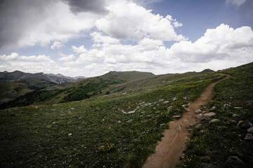 Trail atop ridgeline in tundra in Rocky Mountains of Colorado near Aspen in summer