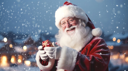 Happy Santa Claus outdoors in snowfall smiling and holding small present. Winter holidays.