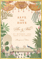 Traditional Indian Wedding Invitation Card Design. Rajasthani Jaipuri wedding decorative colorful umbrellas, an arch, peacocks, and tropical trees. Vector illustration. - obrazy, fototapety, plakaty