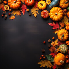 Autumn background with pumpkins, persimmons and fall leaves. With space for text.