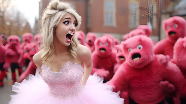 A blonde woman in a pink tutu dress surprised by a gang of unruly pink teddy bear monsters.