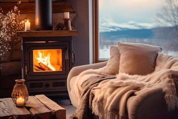 Cozy winter cabin in the mountains with fireplace