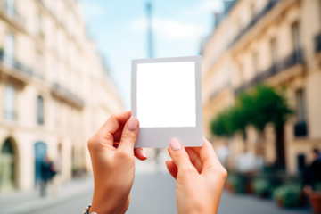 Close up shot of hands holding polaroid photo in blank with Europe street as background