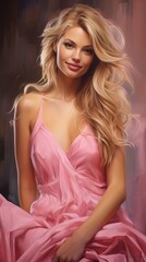 Obraz premium Very beautiful blonde woman with wavy long hair smiling in a delicate pink dress