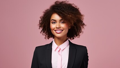 Happy black woman in front of a pink background wall.	