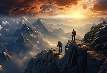 Hikers at a mountain top overlooking a stunning view. Teamwork and success concept.