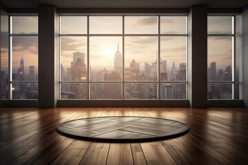 Empty luxury penthouse apartment with glass front and a beautiful view. - obrazy, fototapety, plakaty