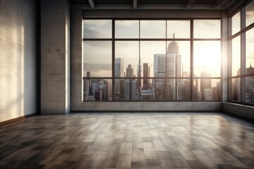 Empty luxury penthouse apartment with glass front and a beautiful view.