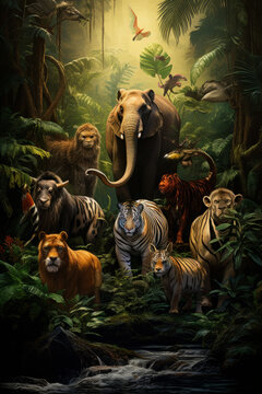 Fototapeta Mixed group of wild animals in the jungle