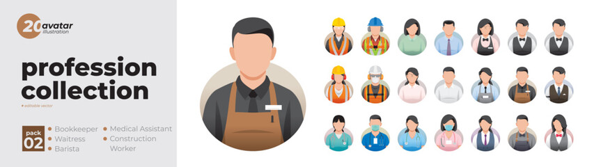 Profession collection profile avatar icons. Set of illustrations of people in various professions. Bookkeeper, waitress, barista, medical assistant, construction worker. Flat style vector design