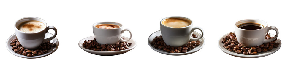 Png Set A dark coffee in a white cup sits on a transparent background encircled by coffee beans