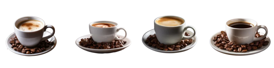 Fotobehang Png Set A dark coffee in a white cup sits on a transparent background encircled by coffee beans © 2ragon