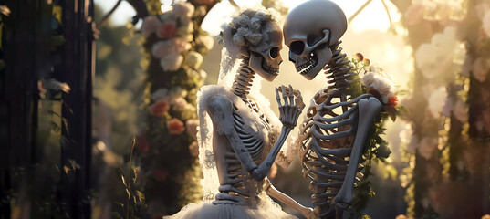 Skeletons. Skeletons in wedding dress. Eternal love. Wedding. Bokeh. Banner. Copy space. Generated AI. Edited in Photoshop - obrazy, fototapety, plakaty