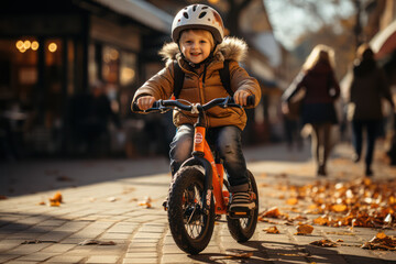 A child learning to ride a bike with the support of a parent, representing attachment theory. Generative AI. - obrazy, fototapety, plakaty