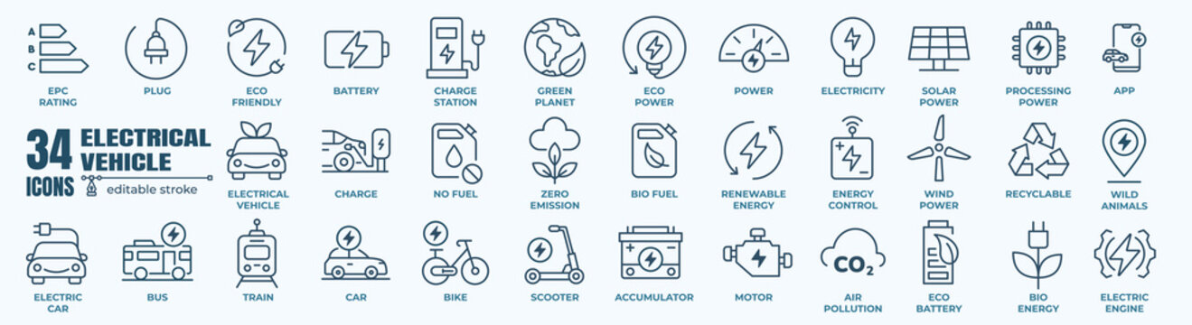 Electric Cars Icons Set. Such As Power Station, Fast Charging, Parking, Socket, Car And Battery Charge And Others. Editable Vector Stroke