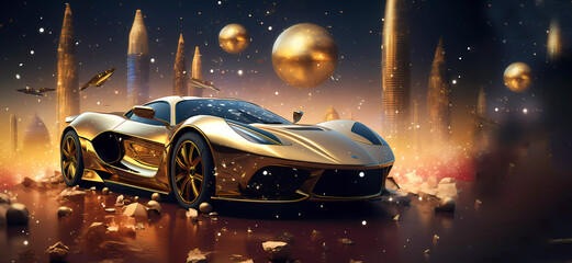 Racing car. A golden car against a background of beautiful golden bokeh. Bokeh. Banner. Copy space. Generated AI. Edited in Photoshop