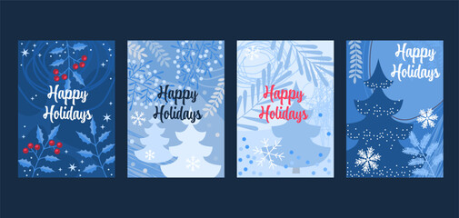 Winter holidays. Winter background. Christmas tree shape, snowflakes and red berries. Merry Christmas greeting cards. Trendy abstract square Winter Holidays art templates
