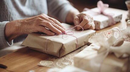 Obraz premium Senior woman hands wrapping Christmas gift at the table, closeup. Generative AI