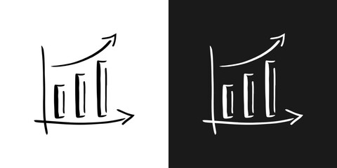 Growing graph, bar chart, doodle icon in black and white colors. Hand drawn graph icon. Vector EPS 10