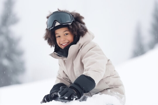 Happy afro-american child making winter sports on a ski resort. Generative AI