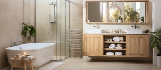 Fototapeta na wymiar Modern bathroom with wooden furniture featuring a spacious glass shower cabin and ceramic bathtub