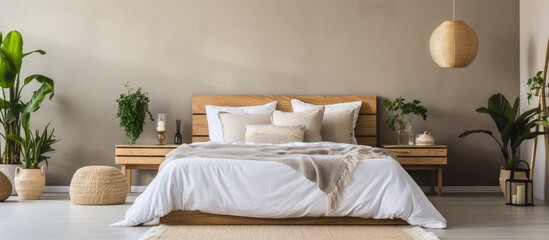Cozy bedroom with plants and wooden tables adorned with a beige king size bed and pillows