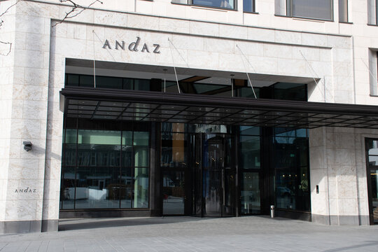 Munich, Germany - March 4, 2021: Entrance of the Andaz Munich Schwabinger Tor, a luxury hotel by Hyatt.